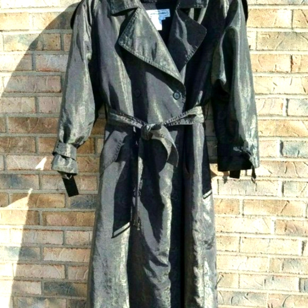 VINTAGE Olive Green Floral Maxi Trench Coat Size 8 Lauren Alexander